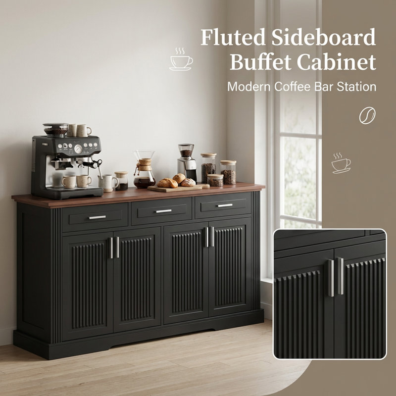 Modern Fluted Sideboard Buffet Cabinet with Four Doors and Three Drawers, Versatile Storage Console Table for Kitchen, Dining Room, Living Room, or Entryway, Adjustable Shelves and Anti-Tip Safety Features Included