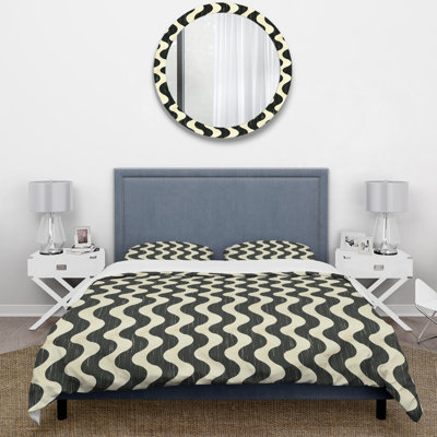 Beige Black Midcentury Wave Lines III - Midcentury Duvet Cover Set