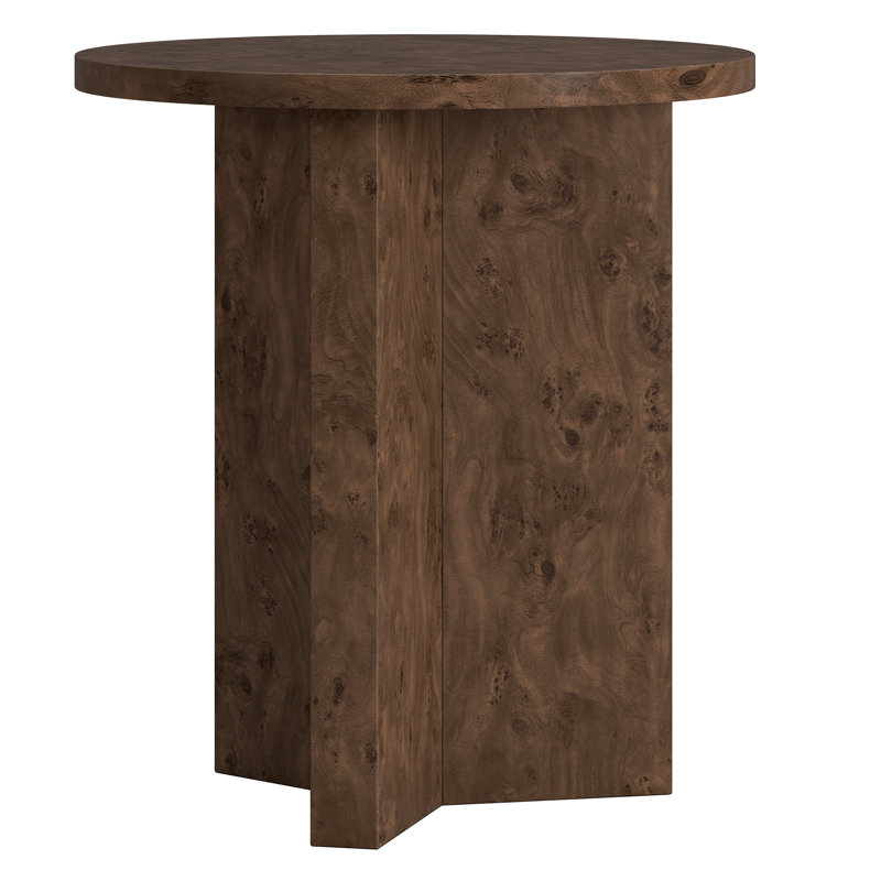 Potbelly Round End Table with Cross Base, Espresso Burl