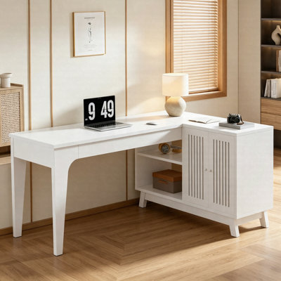 Bureau en coin de 57 po en L, bureau d'ordinateur en bois avec armoire et tablettes de rangement
