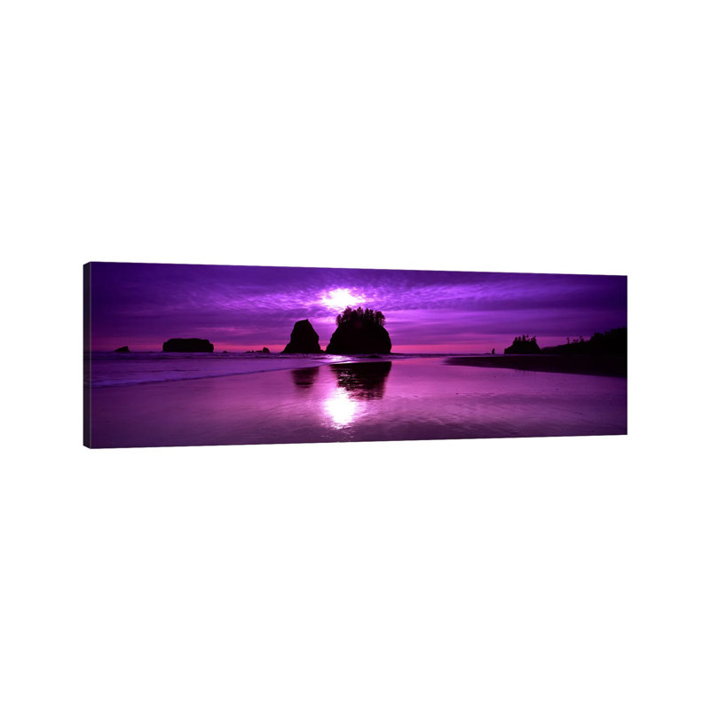 Silhouette Of Sea Stacks At Sunset, Second Beach, Olympic National PArk, Washington State, USA by Panoramic Images - Wrapped Canvas Panoramic Print