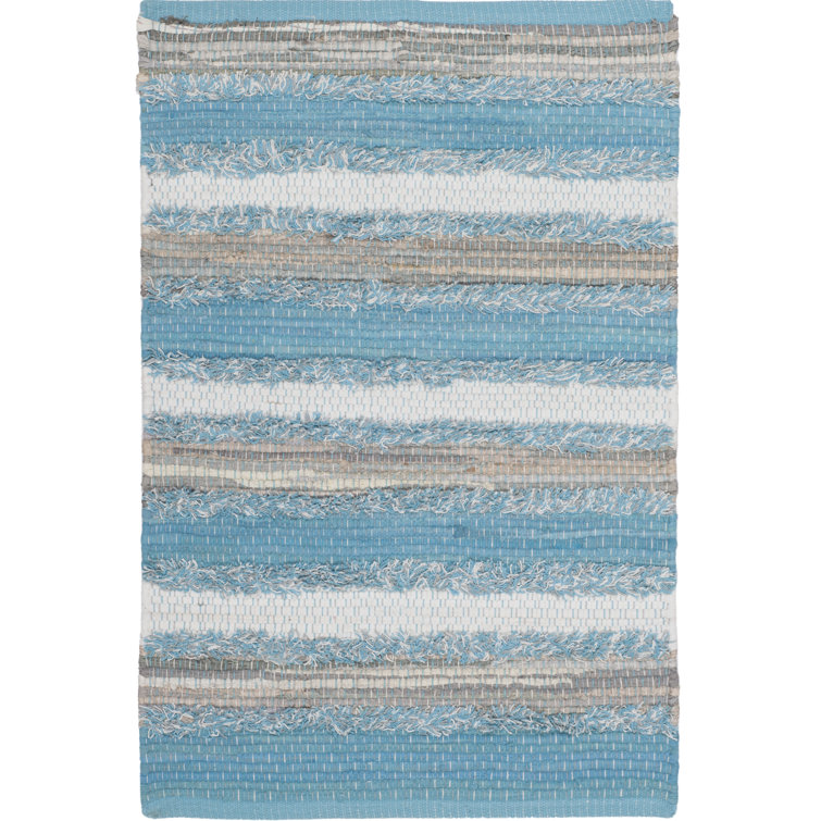 Tapis aqua/blanc/gris en coton handwoven Monaca