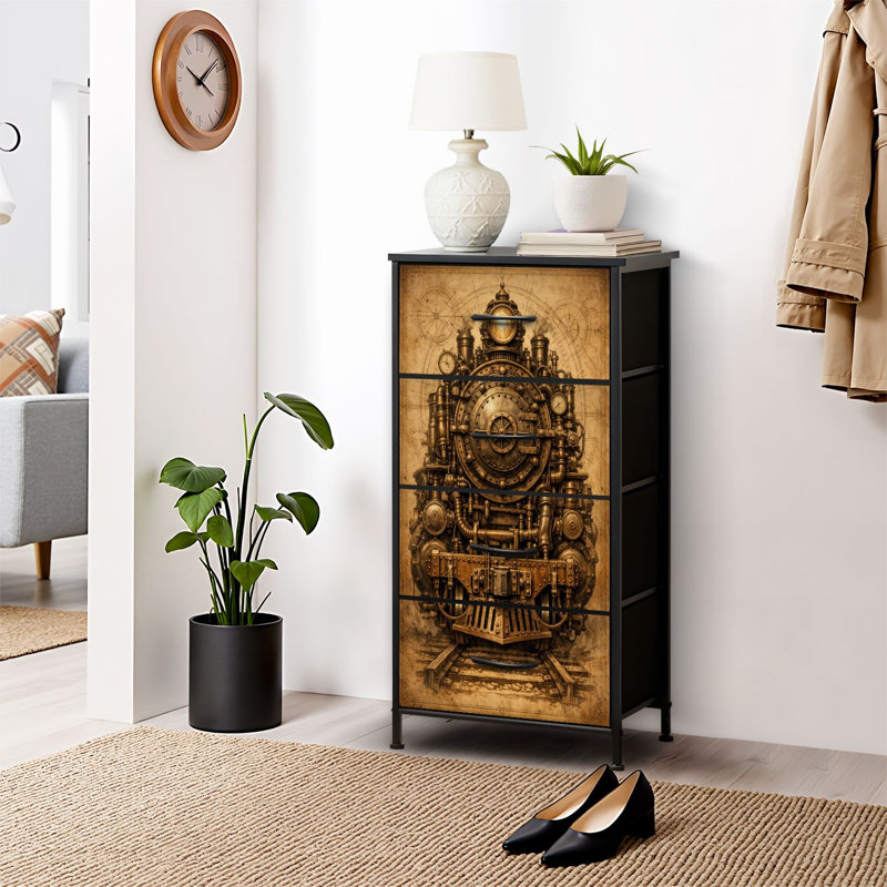 Commode 4 tiroirs pour chambre à coucher, commode étroite, plateau en bois et structure en fer 18 "x 37,5" - (H x H) - avec locomotive vintage à engrenages complexes Steampunk, impression mécanique sépia