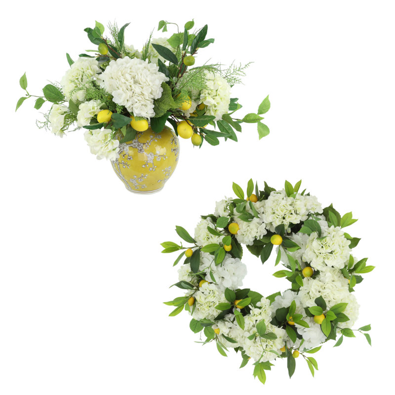 22" Spring Wreath and Centerpiece with Hydrangeas and Lemons
