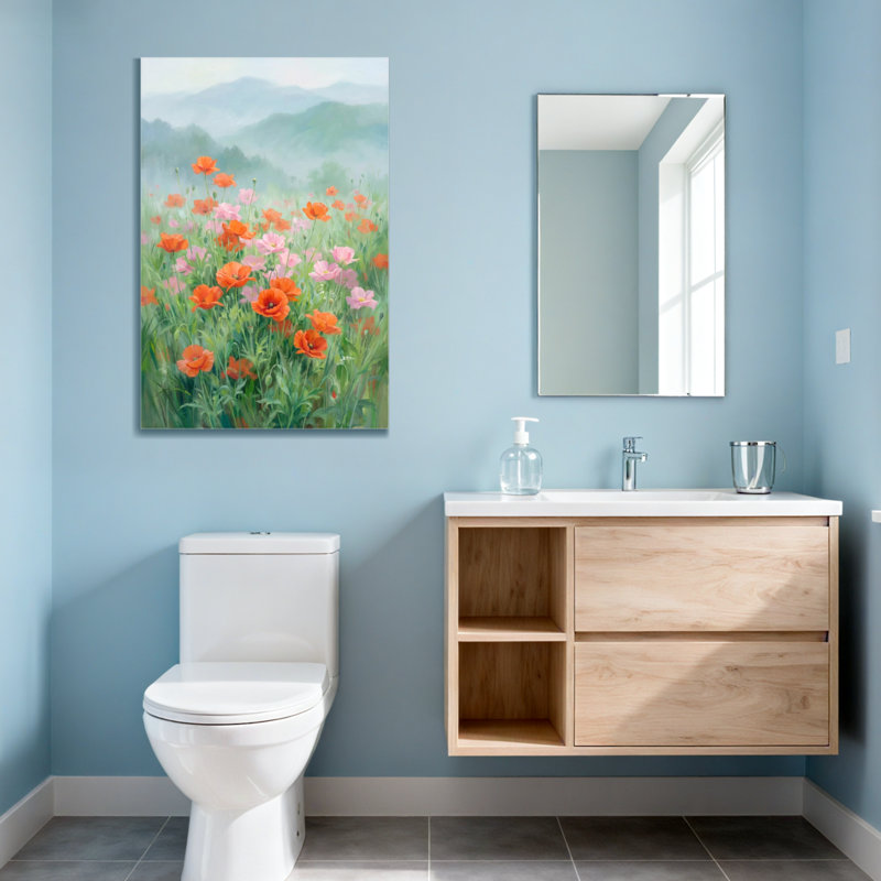 Champ de plantes et de fleurs avec coquelicots orange et roses, H 30 po x l 20 po