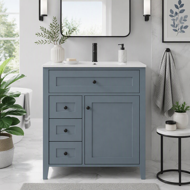 Meuble-lavabo 24 po avec lavabo et rangement spacieux, Bleu-gris, porte de droite, 30