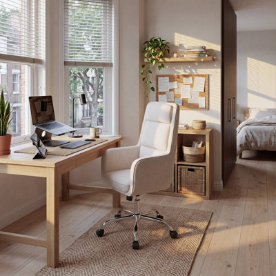 COLAMY Modern Executive High Back Desk Chair, Ergonomic Office Chair with Headrest and Lumbar Support, TÜV Certified Gas Lift, Silent Rolling Casters and Adjustable Height, Breathable Fabric Upholstered Vanity Chair for Home Workspace, Beige