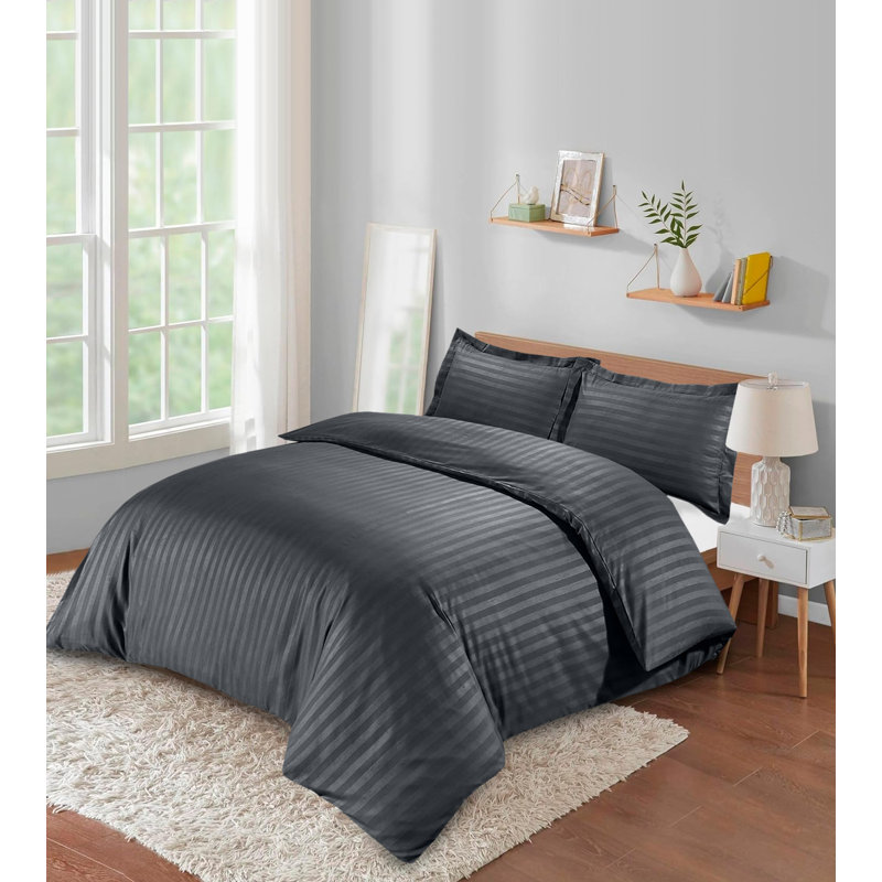 Microfiber Polyester Stripe Duvet Cover Set with Fitted Sheet Pillowcases , Charcoal, Double Duvet Cover