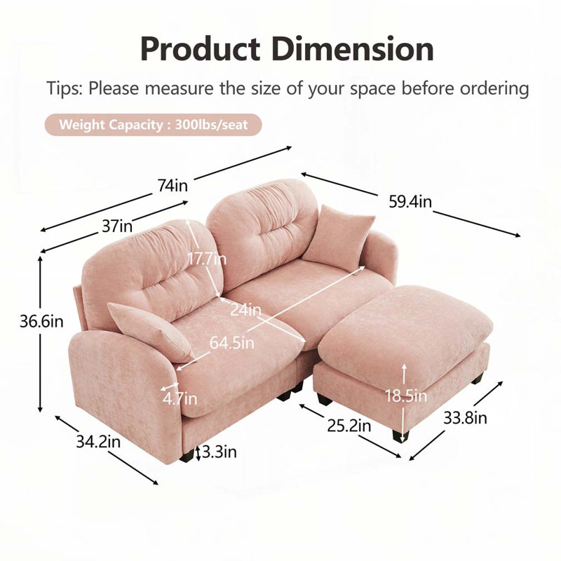 Canapé modulaire en chenille 2 places avec 2 coussins et repose-pieds, H 36,6 po x l 74 po x P 934 po, 2, Rose
