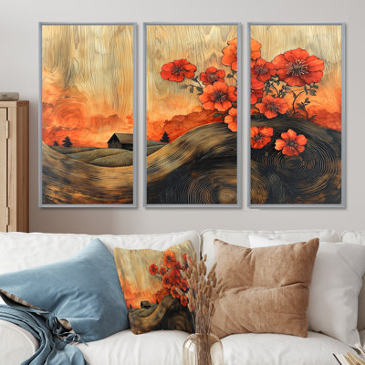 «Geraniums Flowers At Barn Landscape III» - art mural géraniums - ensemble de 3