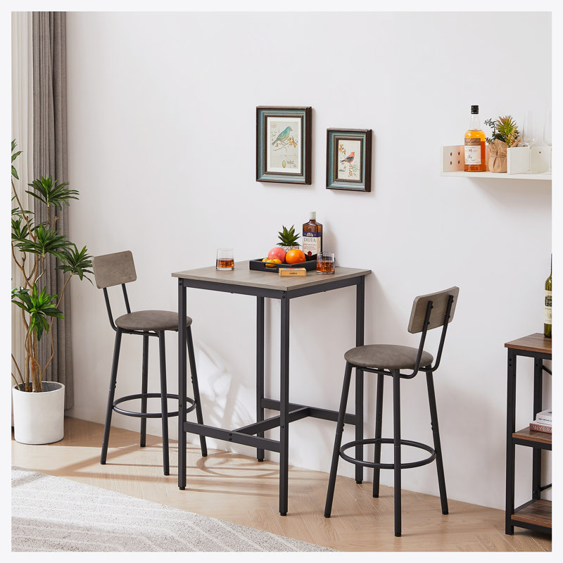 Bar Table Set with 2 Bar stools PU Soft seat with backrest, Light Grey, Grey