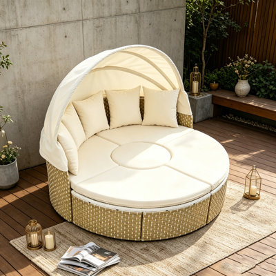Patio Furniture Round Outdoor Sectional Sofa Set Rattan Daybed Two-Tone Weave Sunbed with Retractable Canopy