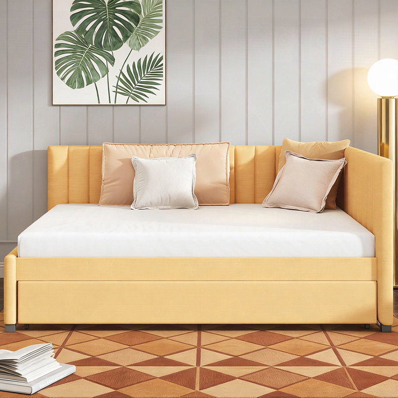 Linen Upholstered Daybed with Trundle, No Box Spring Needed, Space-Saving and Durable Sofa Bed Frame, Yellow