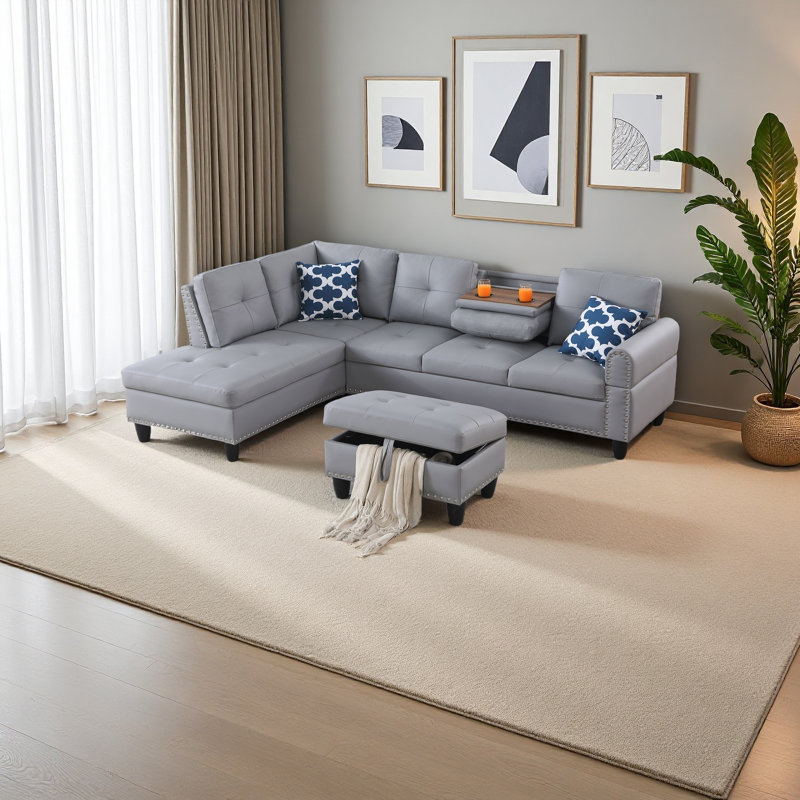 Canapé modulaire en similicuir avec repose-pieds, Similicuir gris