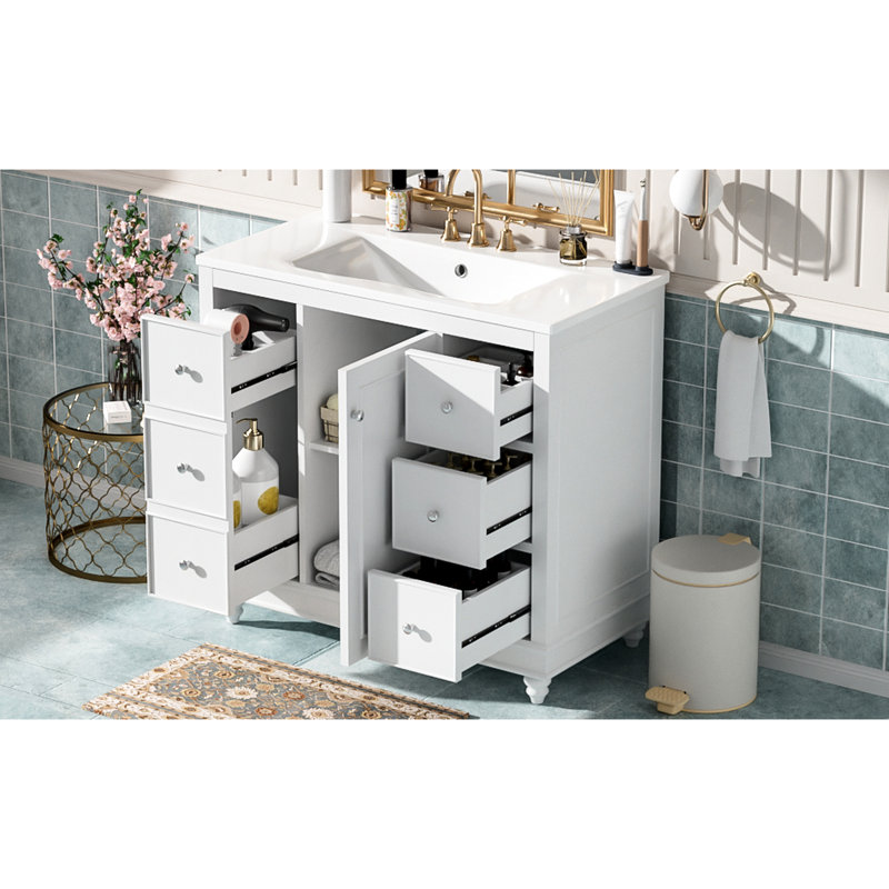 Meuble-lavabo de 36 pouces avec bois massif et alliage de zinc, meuble-lavabo moderne à assemblage rapide, tablette réglable en forme de U, conception à plusieurs tiroirs, dossier ouvert pour la plomberie