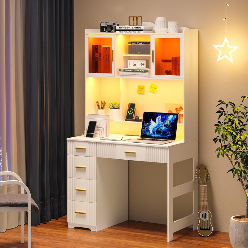 Computer Desk with Hutch and LED Lighting, White