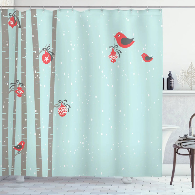 Rideau de douche et crochets de noël oiseau et rouge, H 75 po x l 69 po