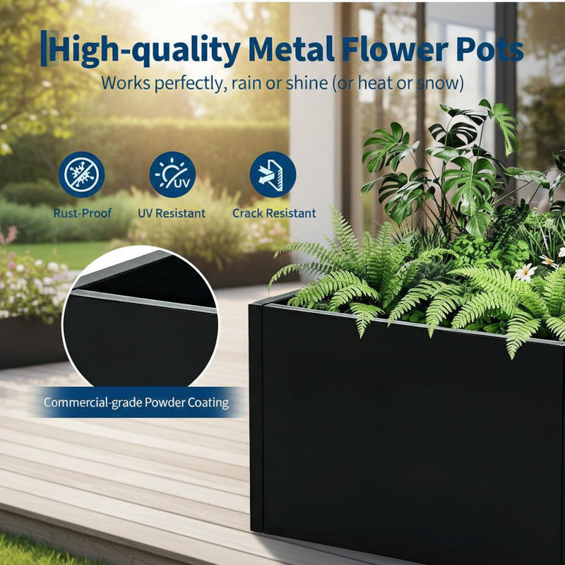 Metal Planter Box for Outdoor Plants, Open Base Design, 12" H x 18" W x 18" D