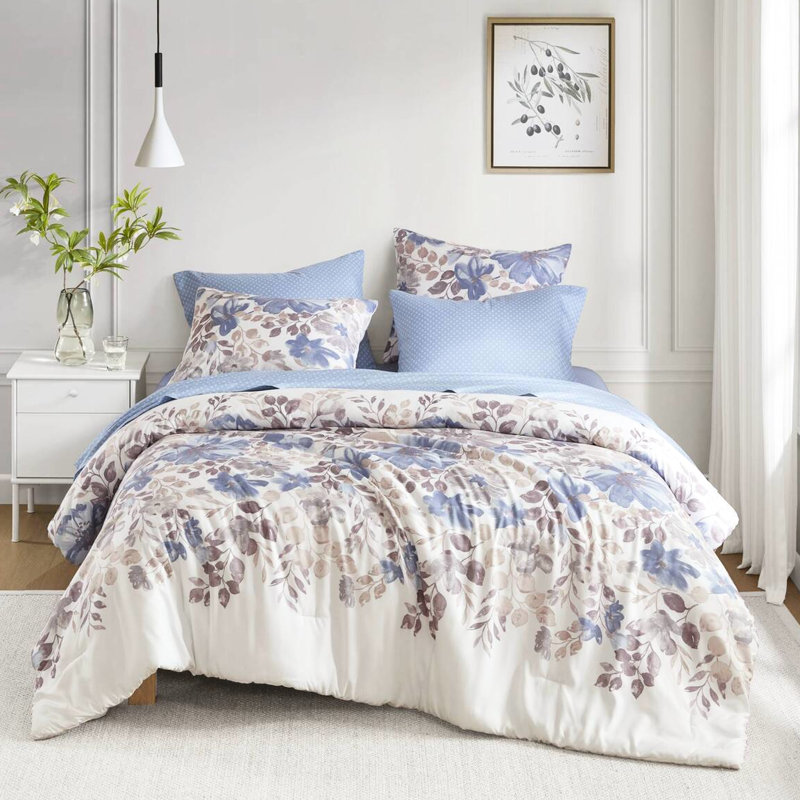 Édredon bleu - très grand lit, motif floral, lit aquarelle doux brossé