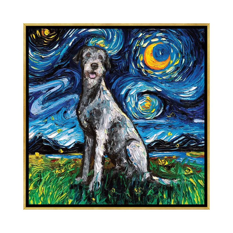 « Irish Wolfhound Night » par aja Trèves, reproduction d’art, Pas de tapis, H 37 po x l 37 po x P 1,5 po, Toile encadrée d'or