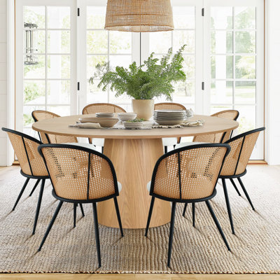 9-Piece 60" W Round Dining Set with Boucle Chairs