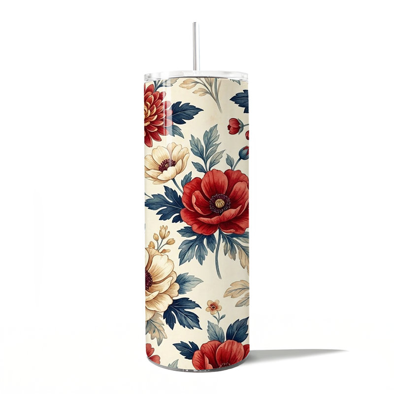 Gobelet personnalisé élégant avec fleurs rouges et crème 20 oz avec couvercle et paille en acier inoxydable
