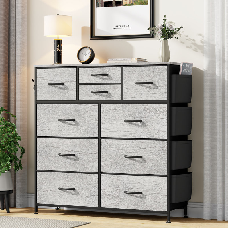 Sienna-Marie 10-Drawer Dresser for Bedroom with Side Pockets & Hooks, Wide Chest of Drawers with Fabric Bins & Metal Frame, Storage Organizer for Closet, Living Room, Dorm, Rustic Wood Top