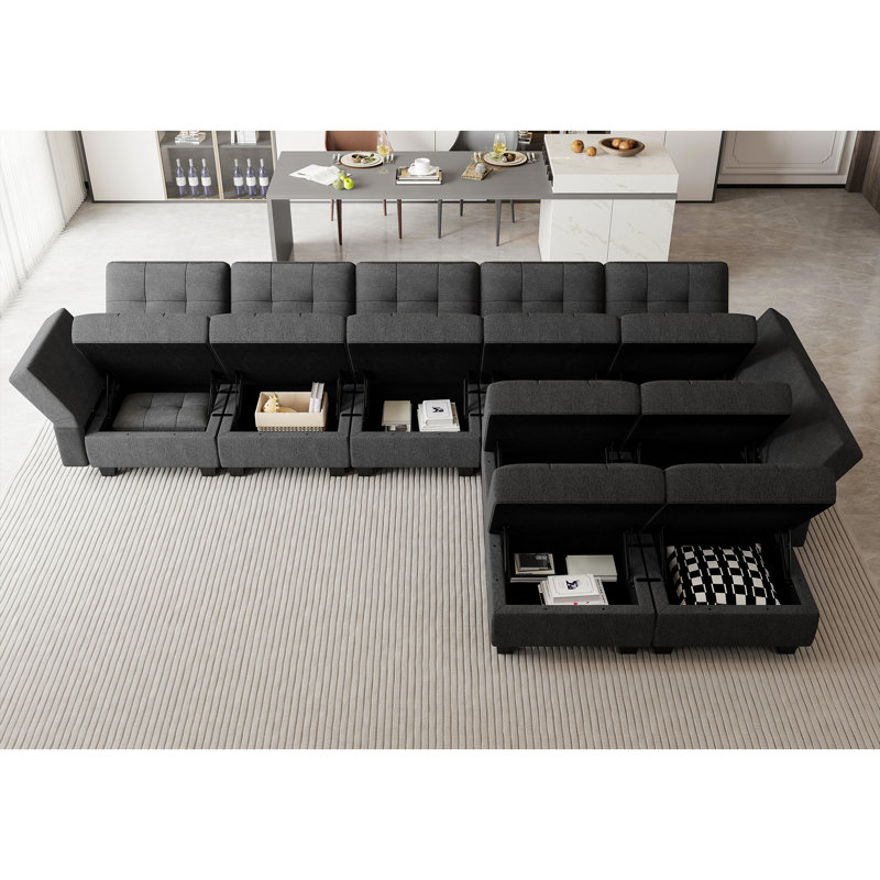 143" W Modular Sofa with Storage, Dark Gray Polyester