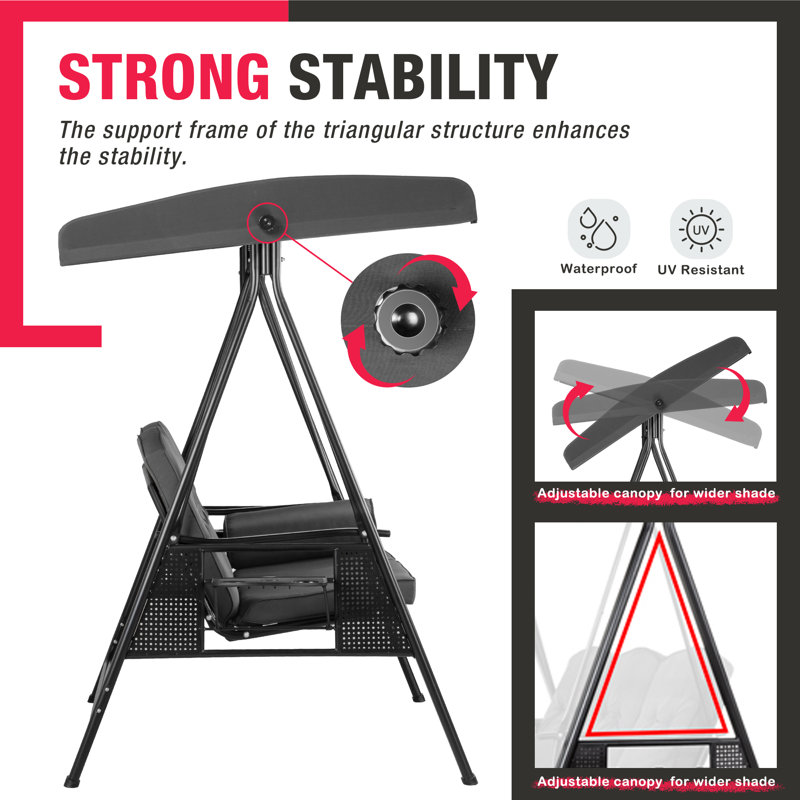 Gray Iron 2-Person Cushioned Patio Swing with Adjustable Canopy