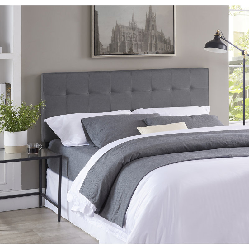 Keymond Classic Tufted Adjustable Upholstered Full Size Headboard in Linen Fabric, Metal Legs, Light Gray