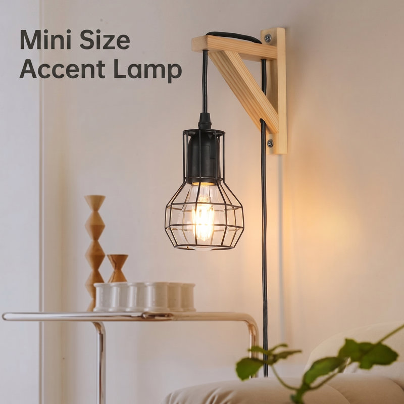 Kasimira Solid Wood Plug-in Armed Wall Sconce for Bedside Reading, Compact Small-Space Accent Wall Light with Adjustable Arm for Bedroom, Hallway, Entryway