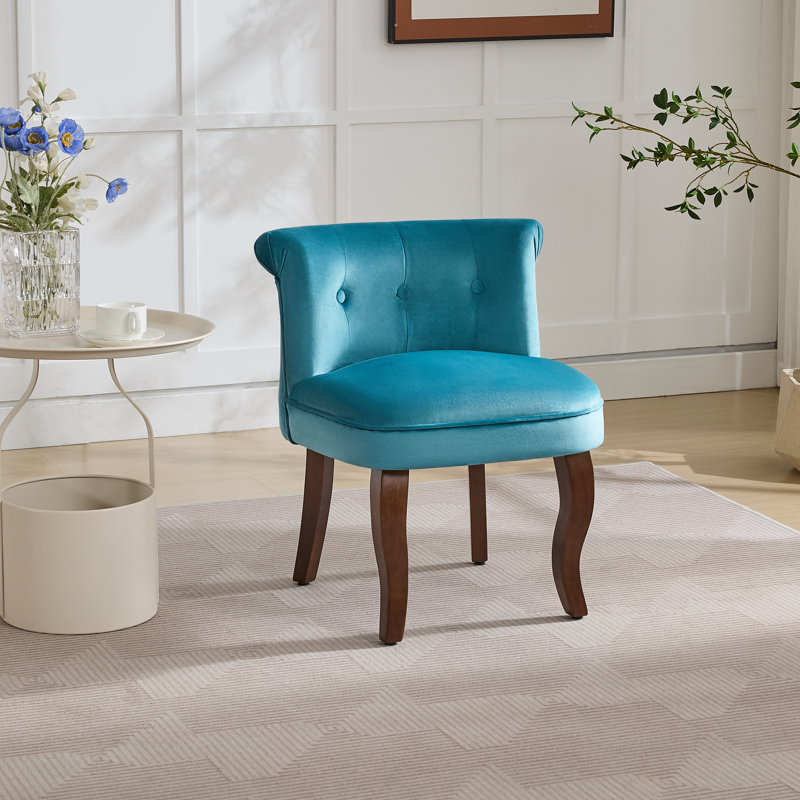 Fauteuil de coiffeuse capitonné en velours avec pieds en bois massif, Sarcelle