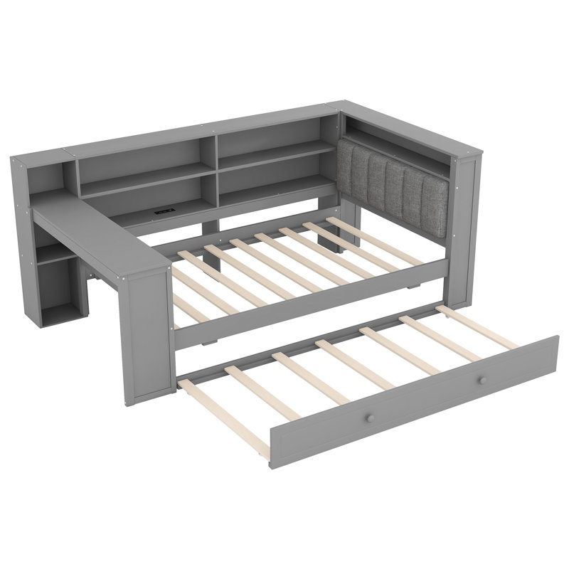 Lit plateforme simple avec lit gigogne, tête de lit à DEL, station de charge et bureau intégré, Gris