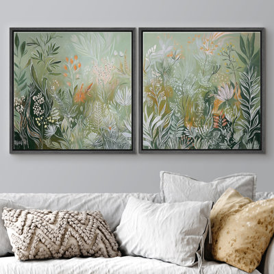 «Lush Green Botanical Garden», ensemble de 2 reproductions d'art sur toile encadrées - Vibrant