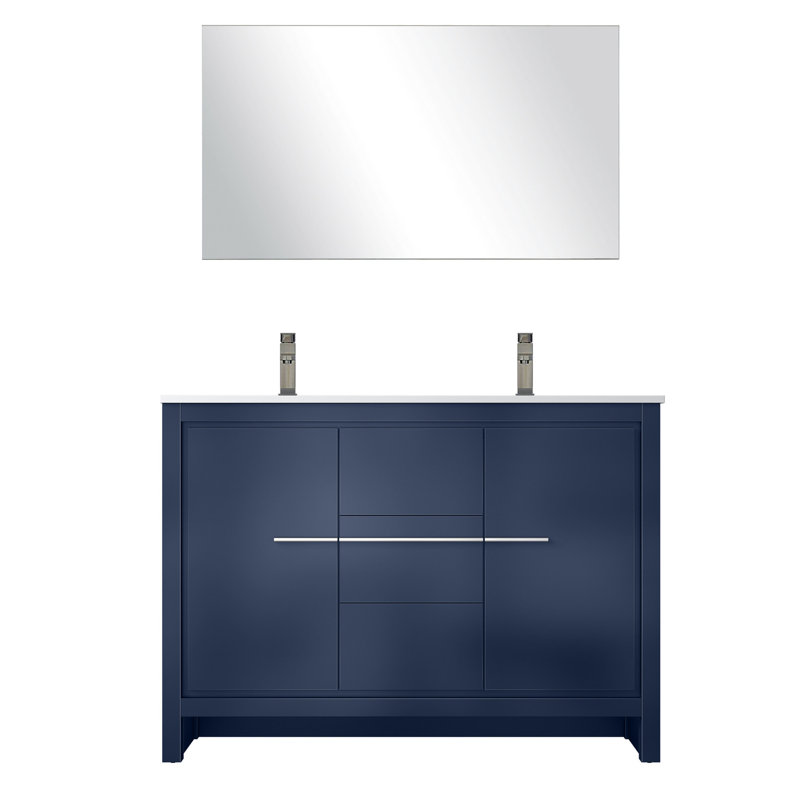 48 po Meuble-lavabo double bleu marine avec comptoir en quartz blanc, robinet en métal, miroir 43 po, meuble-lavabo à surface rayée et tachée, comptoir, comptoir résistant aux rayures