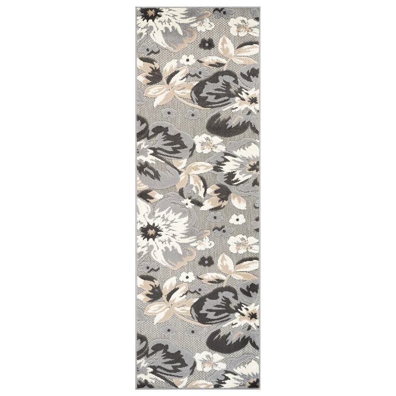Floral Beige/Gray/Ivory Indoor & Outdoor Area Rug Gray, Runner 2'7" x 8'