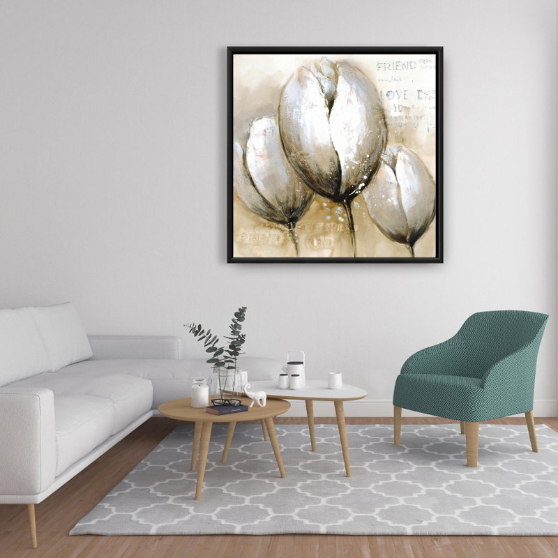 Trois tulipes avec typographie - toile encadrée 36 po x 36 po, H 36 po x l 36 po x P 1,5 po