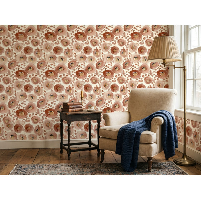 Papier peint floral terracotta à motif aquarelle rose poudré, Peel and Stick