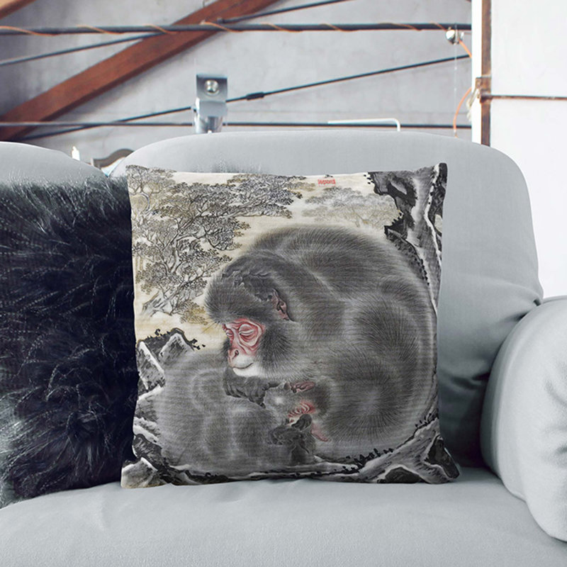 Monkeys by Kawanabe Kyosai Cushion with Filling, 40cm H x 40cm W x 15cm D, White