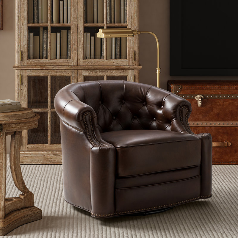 Fauteuil pivotant en cuir véritable de 31,5 po de large Toiya, Chocolat