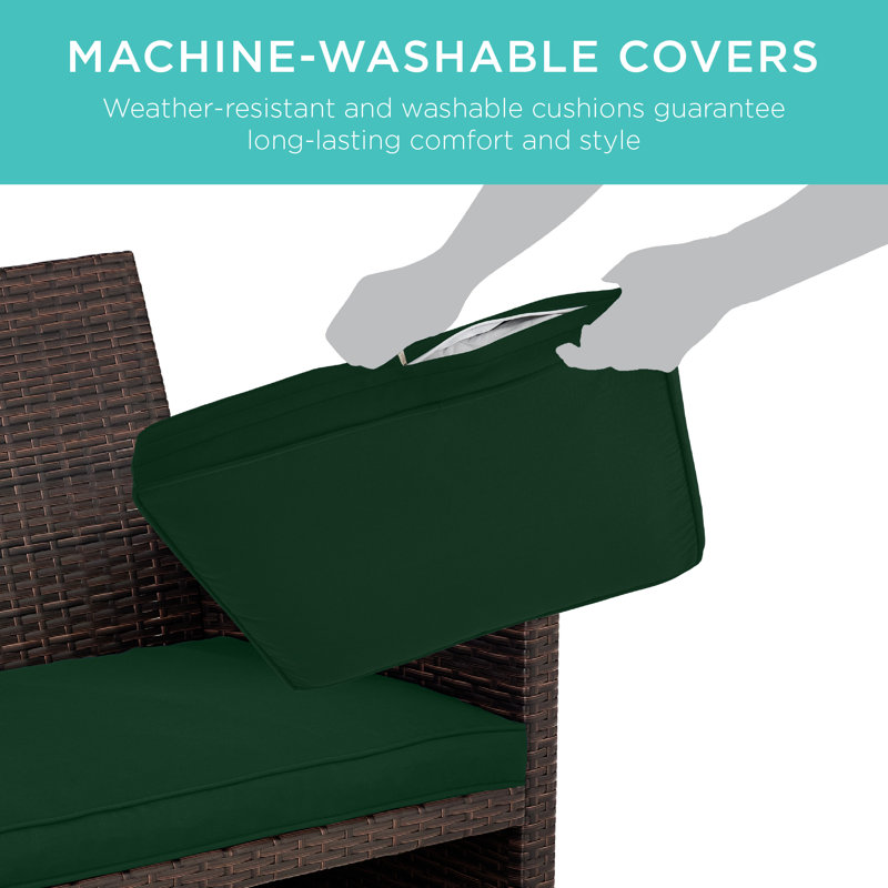  4-Piece Outdoor Wicker Patio Conversation Furniture Set W/ Table, Cushions - Brown/Midnight Green