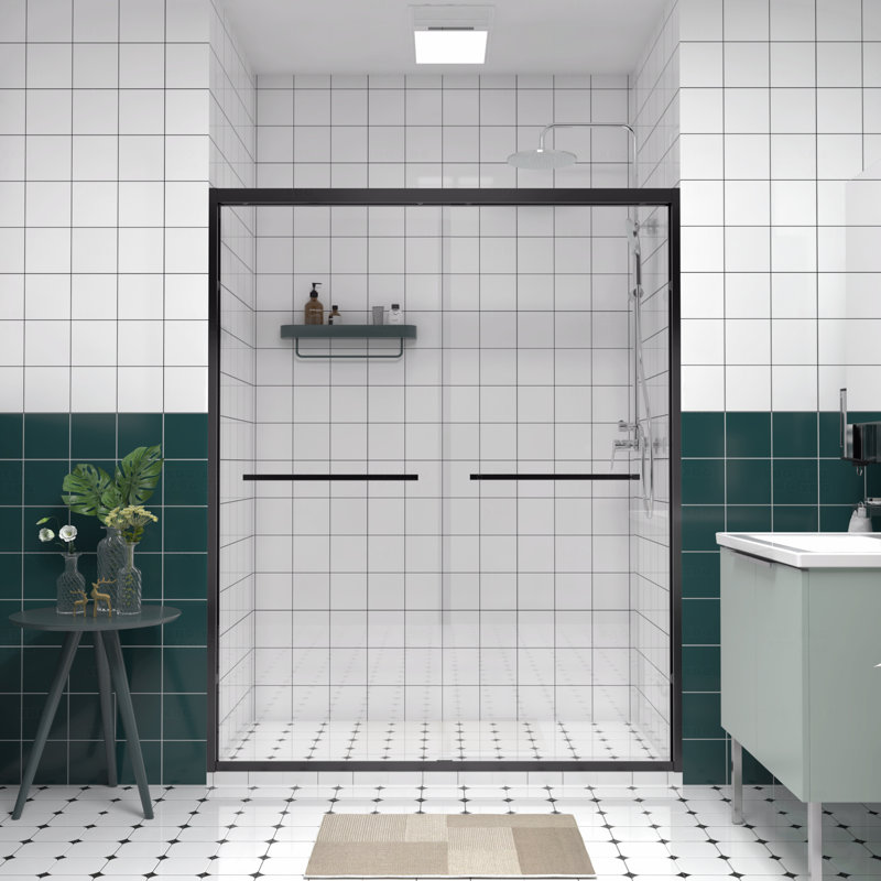 56-60"W X 74"H Aluminum Frame Material Double Sliding Opening Shower Door -Bypass Sliding Opening Bathroom Sliding Opening Door With Premium 1/4" (6Mm) Clear Tempered Glass, With Black Hardware Sliding Opening Glass Shower Enclosure Door