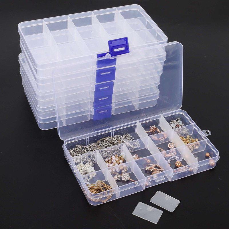 Paquet de 6 petits pots de rangement en plastique avec grilles transparentes et diviseurs réglables pour bijoux, perles et artisanat d'art