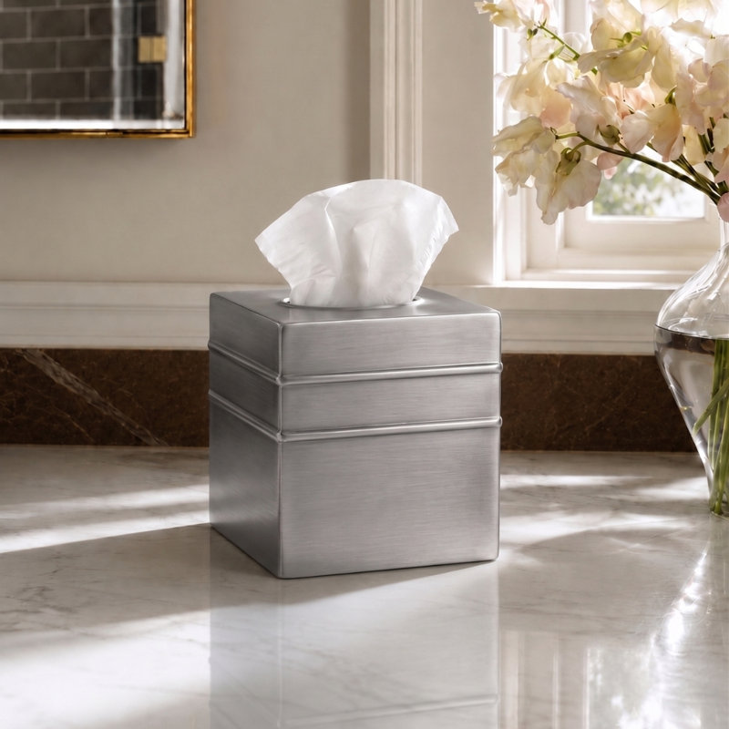 Border Embossed Metal Tissue Box Cover, Pewter
