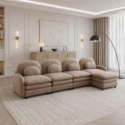 Teddy Fabric Cloud Sofa,Curved Backrest and Armrest with Curved Lumbar Pillows