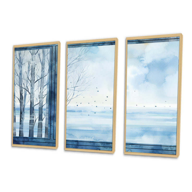 «White and Blue Winter Forest Collage VII - Winter Landscape», art mural, Cadre flottant brun, H 32 po x l 48 po x P 1 po