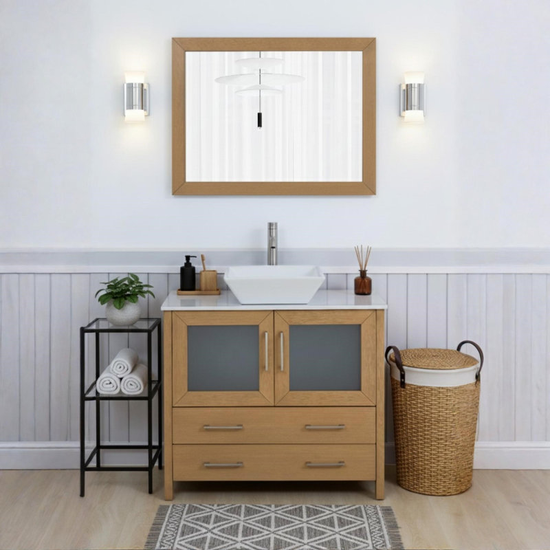 Ravenna 36" Freestanding Single Sink Bathroom Vanity with Engineered Marble Top and Matching Mirror, Natural Oak, 36" W