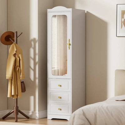 Armoire-penderie de 15,75 po de hauteur avec miroir et lumières DEL, économiseur d'espace, 3 tiroirs, tringle suspendue et tablettes réglables, porte latérale blanche et gauche