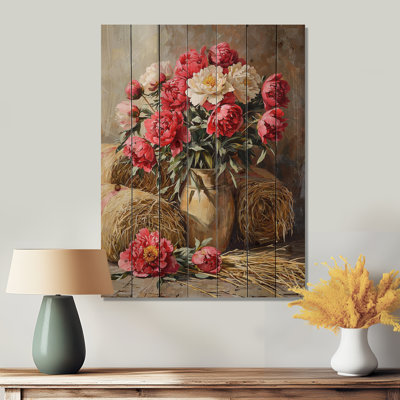 Pivoines près des balles de foin II - Décoration murale en bois de pivoines - sur bois de pin naturel