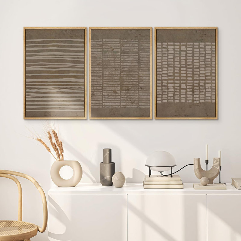 Geometric Line " No Texture Print - Grunge Greenish Brown Line Art, Abstract Neutral Artwork, Framed 3 Pieces Wall Art - Giclee Canvas Digital Print "